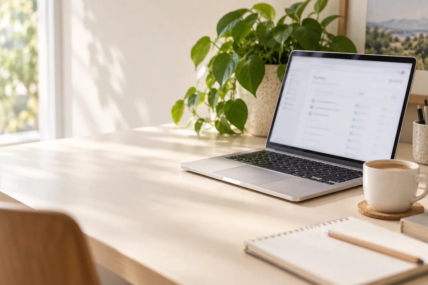Laptop and plants on a bright workspace desk